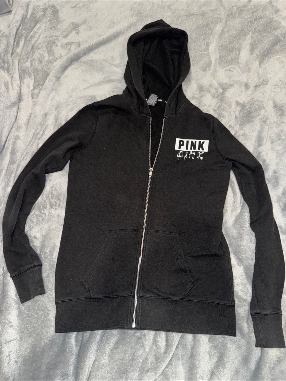 PINK Victoria's Secret Black Zip-Up Hoodie with White Logo